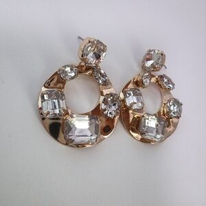 NEW Golden Multi Stone Embellished Crushed Metal Dangle Earrings